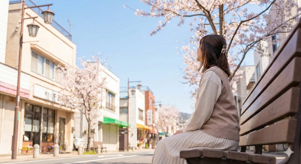 春の柔らかな日差しの中、八王子の街でリラックスして空を見上げる女性の後ろ姿