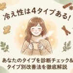 冷え性は4タイプある！あなたのタイプを診断チェック＆タイプ別改善法を徹底解説。4つの冷えタイプを示す女性のイラストと温活イメージが描かれた、八王子さわい整体院のブログ記事アイキャッチ画像。