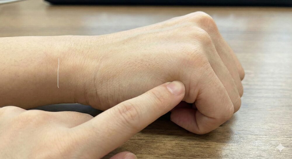 手を軽く握った時、小指側の側面にできるしわの端にあるツボ「後渓（こうけい）」を、反対の親指で押してセルフケアをしている様子