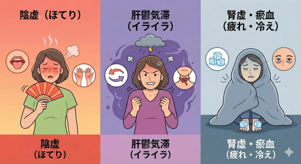 その不調、一人で悩まないで。更年期の心と体を「幸年期」に変えるセルフケアの知恵 3 更年期の体質タイプチェック図。ほてりやすい陰虚タイプ、イライラしやすい肝鬱気滞タイプ、冷えやすい腎虚・瘀血タイプ、それぞれの特徴的な症状を女性のイラストで分かりやすく比較。