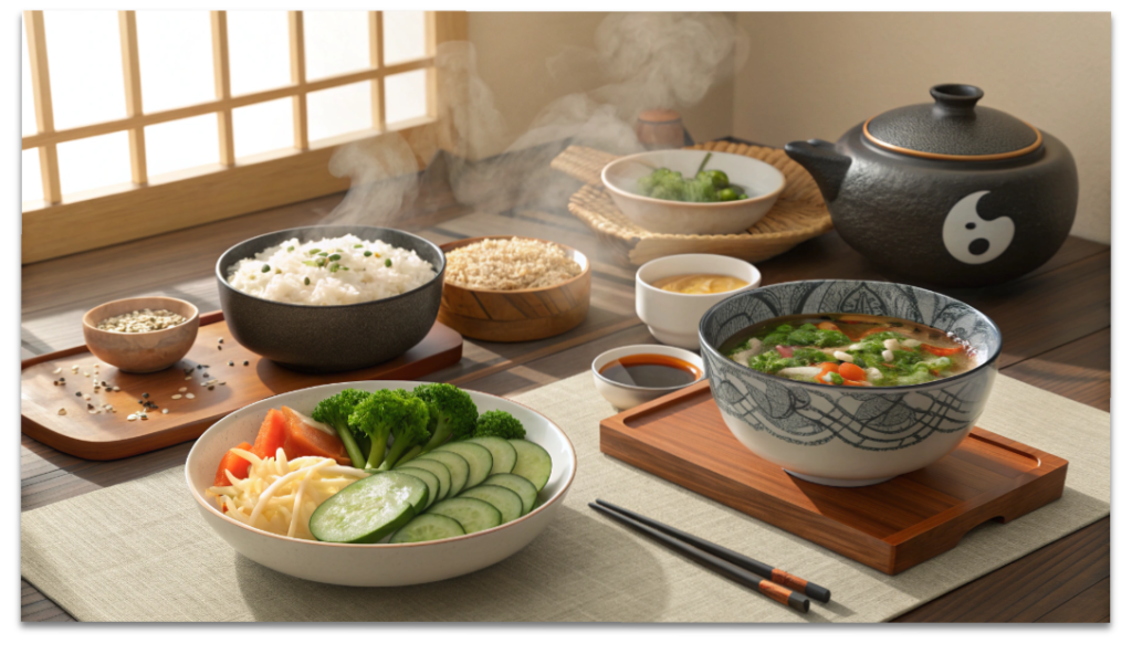 その不調、一人で悩まないで。更年期の心と体を「幸年期」に変えるセルフケアの知恵 5 更年期の不調を整える食事のイメージ。腎を補う黒豆やひじき、気の巡りを良くする香味野菜、エストロゲンに似た働きをする大豆製品など、彩り豊かで温かい和食の食卓。