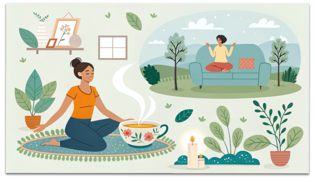 その不調、一人で悩まないで。更年期の心と体を「幸年期」に変えるセルフケアの知恵 6 更年期の自律神経を整える日常生活のセルフケア。部屋でリラックスしてヨガ(瞑想)をする様子や、温かいハーブティーを楽しんで心身を休ませるイメージ図。