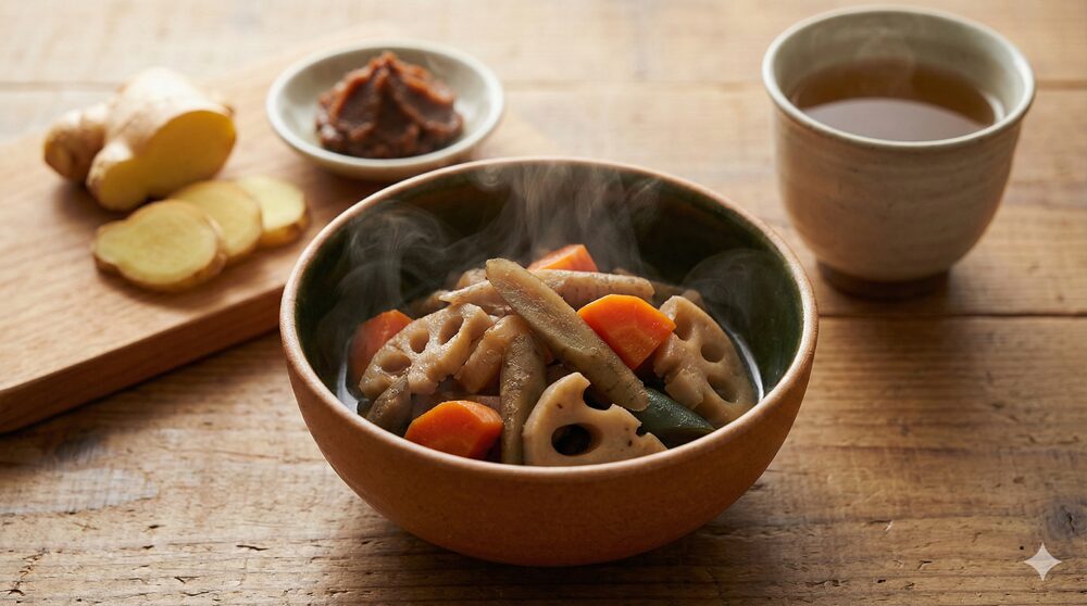 冷え性は4タイプある!あなたのタイプを診断チェック&タイプ別改善法を徹底解説 9 湯気が立つ根菜の煮物、生姜のスライス、味噌など、体を内側から温める陽性食品が並んだ温かい雰囲気の食卓の写真。