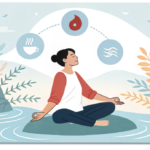 頑張りすぎる肩の力を抜く。東洋医学「気・血・水」を整えて、明日を少し軽やかに 8 気・血・水の色のエネルギーが巡って笑顔になる女性の水彩イラスト