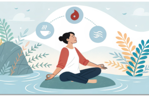 気・血・水の色のエネルギーが巡って笑顔になる女性の水彩イラスト