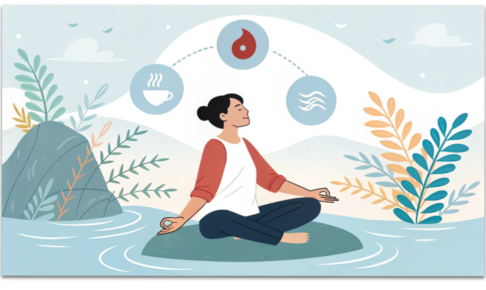 気・血・水の色のエネルギーが巡って笑顔になる女性の水彩イラスト