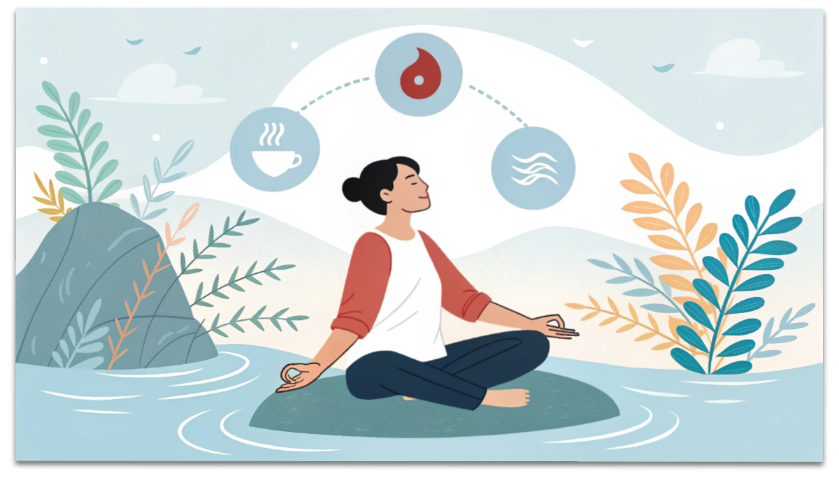 気・血・水の色のエネルギーが巡って笑顔になる女性の水彩イラスト