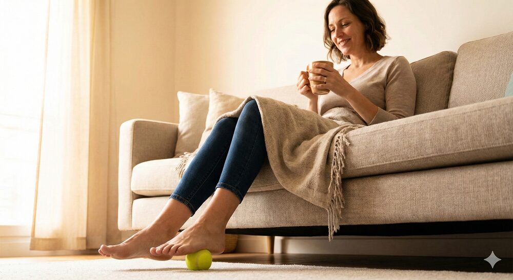 自宅のリビングでくつろぎながら、足の裏でボールを転がして簡単にセルフケアをしている様子