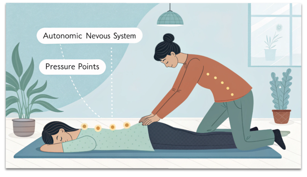 その不調、一人で悩まないで。更年期の心と体を「幸年期」に変えるセルフケアの知恵 4 リラックスして手首のツボ(内関など)を優しく押す女性のイメージ。深呼吸をしながら、心地よく自律神経を整えるセルフケアの様子。