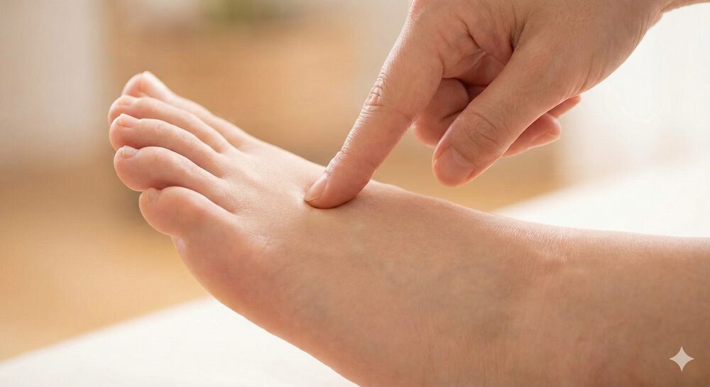 の甲、親指と人差し指の骨の間にあるツボ「太衝（たいしょう）」を、人差し指で優しく押してセルフケアをしている様子