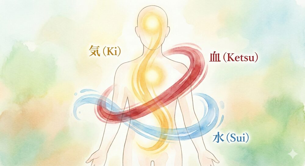 東洋医学における「気・血・水」の3要素が体内でバランスよく巡っている様子を表したイラスト