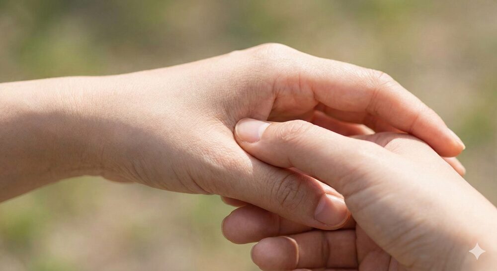 手の甲にある万能ツボ「合谷（ごうこく）」の位置と、反対の親指で押している様子