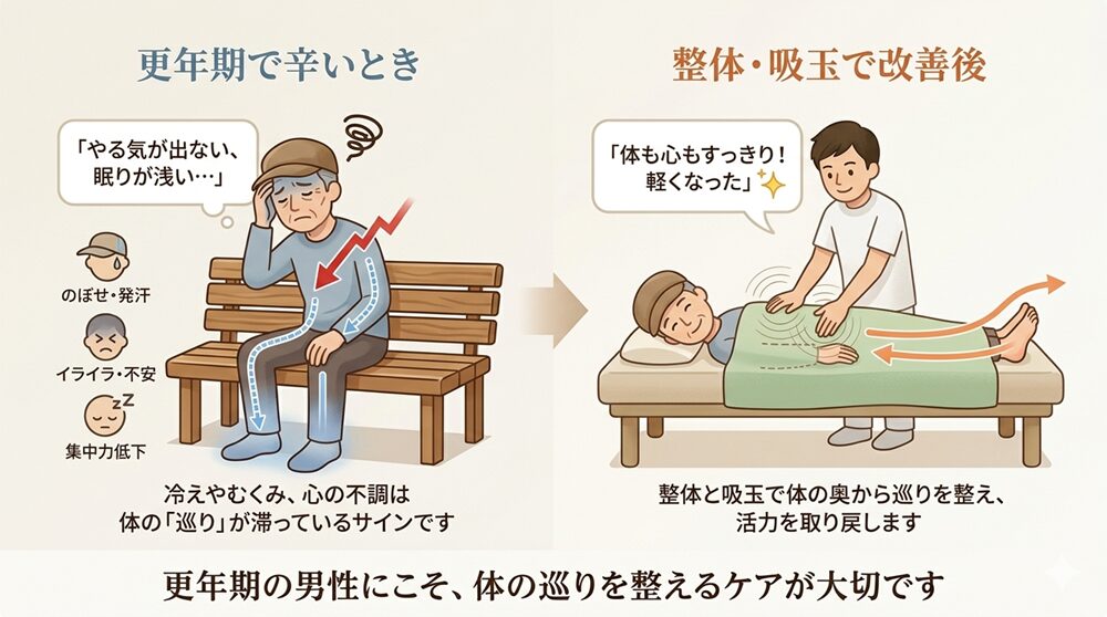 男性更年期の辛い症状（のぼせ・イライラ・集中力低下）と、整体・吸玉での改善後を対比したイラスト。体の巡りを整えることで活力を取り戻す様子を表しています。