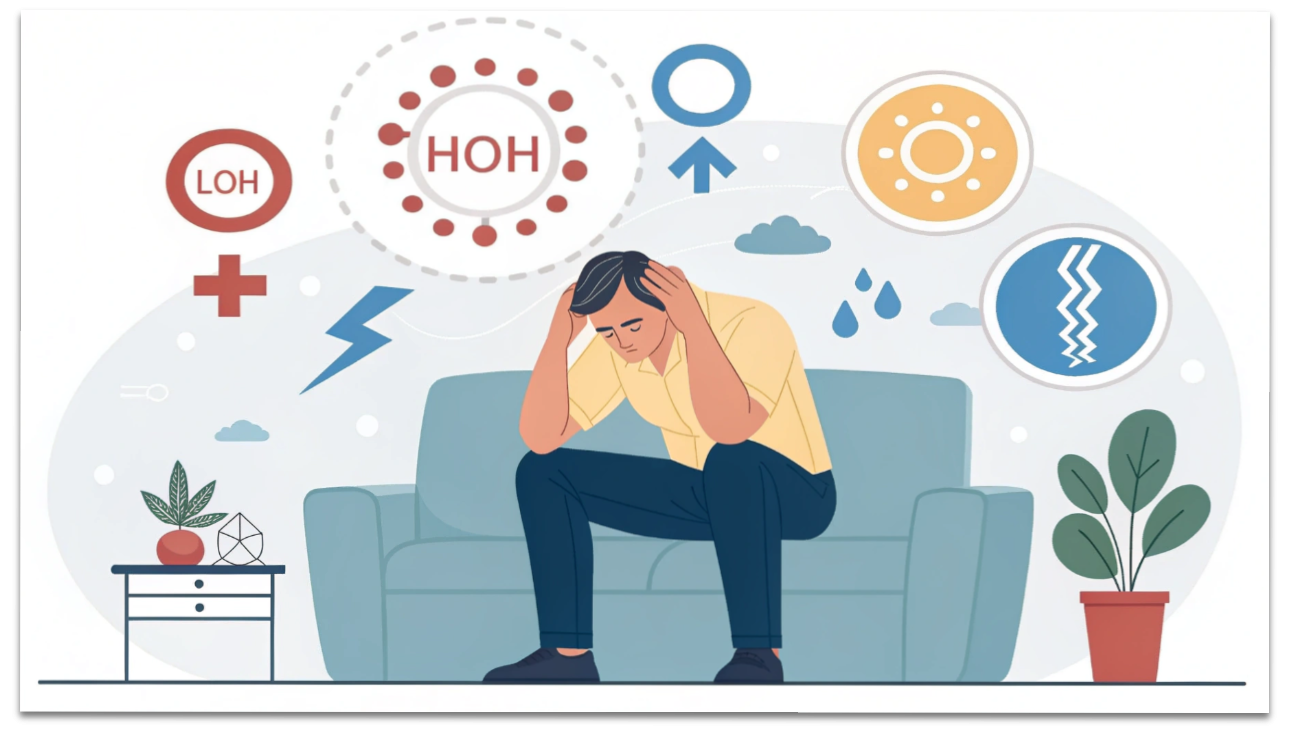 「やる気が出ない」は心の弱さではありません。男性更年期を東洋医学の知恵で整える、穏やかな回復のすすめ 2 男性のホルモンバランスの変化による更年期障害のイラスト