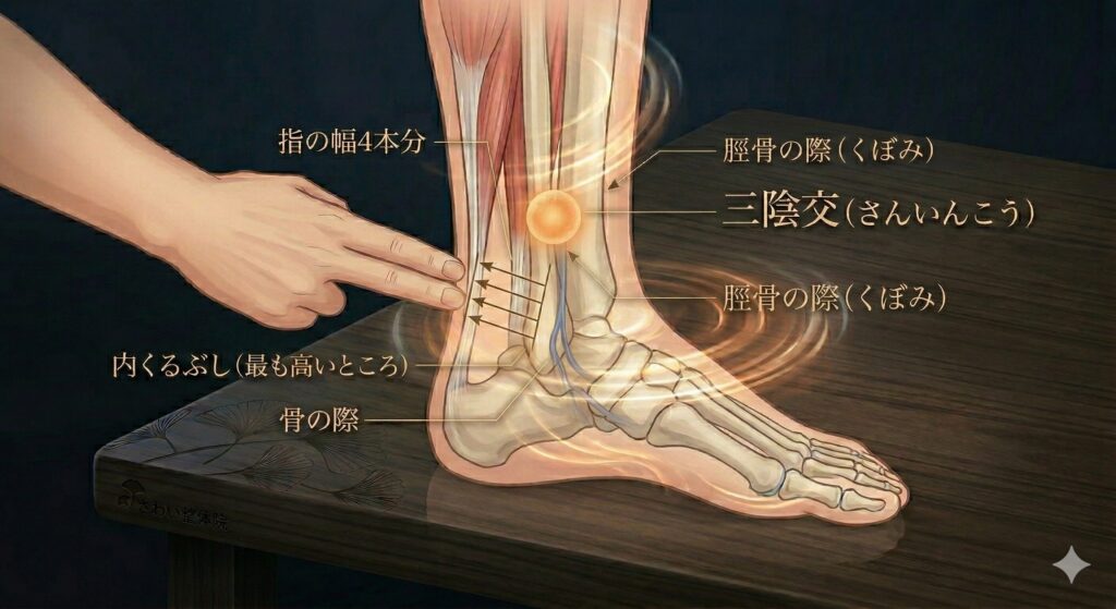 「やる気が出ない」は心の弱さではありません。男性更年期を東洋医学の知恵で整える、穏やかな回復のすすめ 7 八王子みずき通りのさわい整体院が提案する、男性更年期ケア。足(内側)にある「三陰交(さんいんこう)」の正確なツボ位置を解説。磨かれた木目表面に、男性の足側の解剖図(内くるぶし、脛骨、筋肉、血管、3つの経絡の合流)。手元のモデルが『指4本分』の測定を示し、暖かく光るオレンジのエネルギー球がツボを指す。