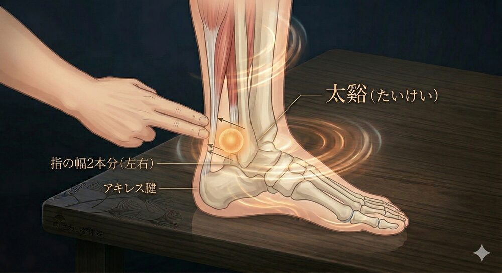「やる気が出ない」は心の弱さではありません。男性更年期を東洋医学の知恵で整える、穏やかな回復のすすめ 6 八王子みずき通りのさわい整体院が提案する、男性更年期ケア。足(内側)にある「太谿(たいけい)」の正確なツボ位置を解説。磨かれた木目表面に、男性の足側の解剖図(内くるぶし、アキレス腱、足の骨、筋肉)。手元のモデルが『指2本分』の測定を示し、暖かく光るオレンジのエネルギー球がツボを指す。