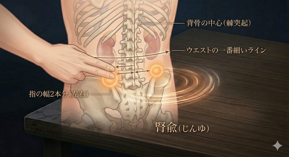 「やる気が出ない」は心の弱さではありません。男性更年期を東洋医学の知恵で整える、穏やかな回復のすすめ 5 八王子みずき通りのさわい整体院が提案する、男性更年期ケア。背中( posterior)にある「腎兪(じんゆ)」の正確なツボ位置を解説。磨かれた木目表面に、男性の背中側の解剖図(spine, waistline, kidneys)。手元のモデルが『指2本分』の測定を示し、左右2箇所の暖かく光るオレンジのエネルギー球がツボを指す。
