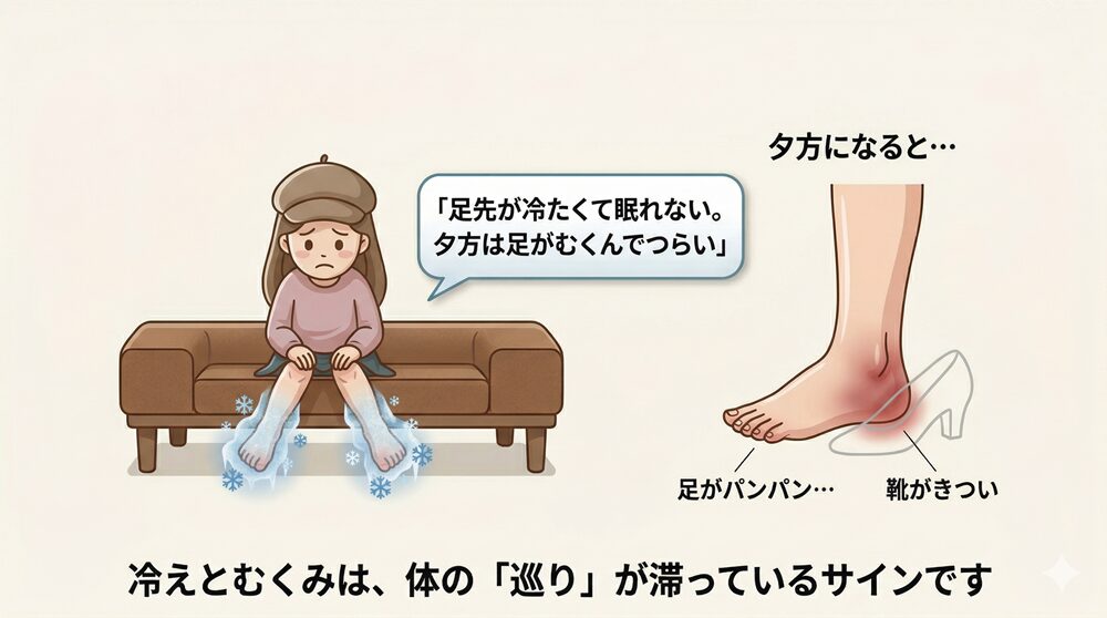 足先が冷えてむくんでいる女性のイラスト。夕方になると足がパンパンになり靴がきつくなる症状を表しています。