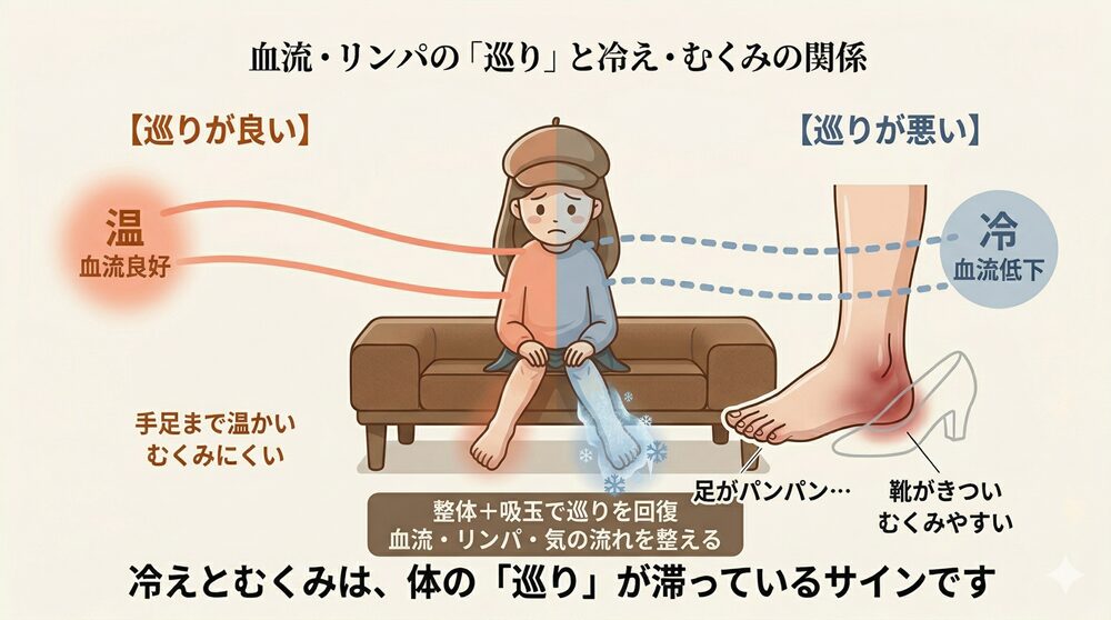 血流・リンパの巡りと冷え・むくみの関係を示したイラスト。巡りが良いと手足まで温かくむくみにくく、巡りが悪いと足先が冷えてむくみやすくなることを図解しています。