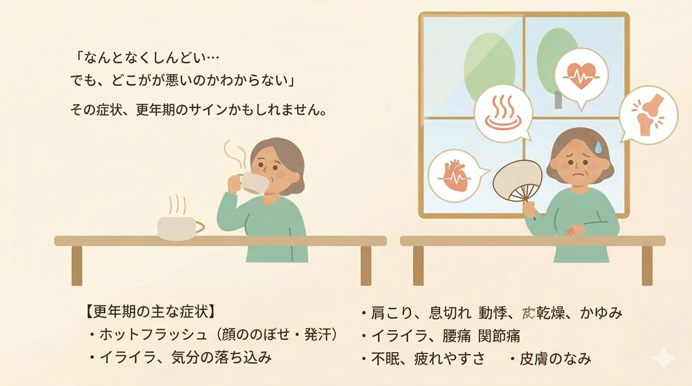 更年期の主な症状を示したイラスト。ホットフラッシュ・イライラ・不眠・肩こり・動悸・関節痛など多様な症状が現れることを表しています。