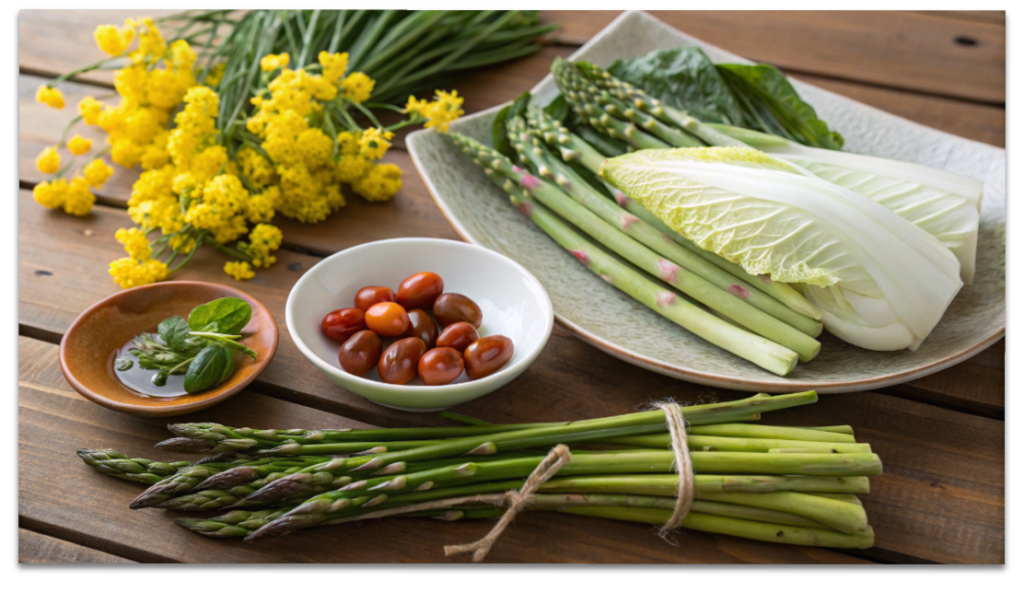 肝を労わる春の緑黄色野菜と梅干しの盛り合わせ