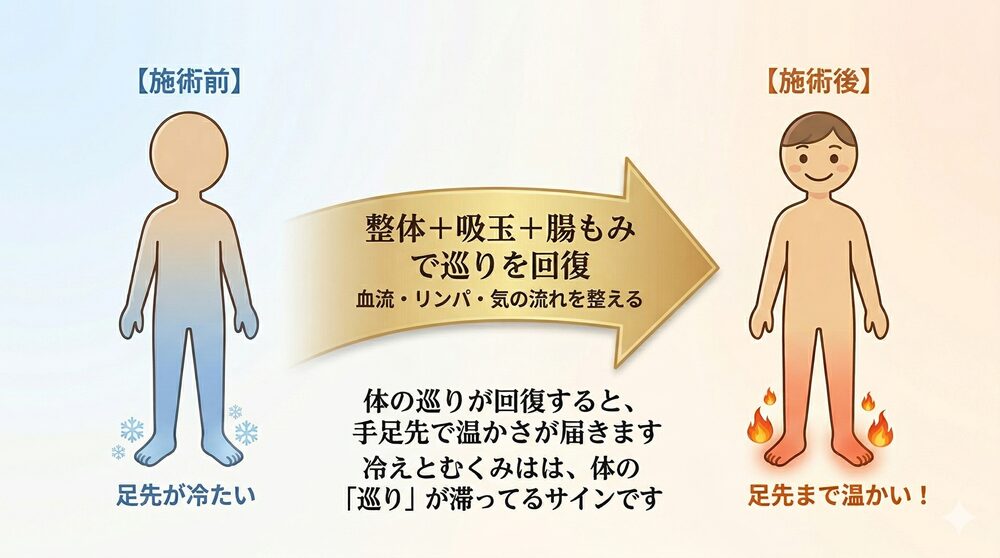 整体・吸玉・腸もみで体の巡りを回復した施術前後のイラスト。施術前は足先が冷えていた状態から、施術後は手足の先まで温かくなった変化を示しています。