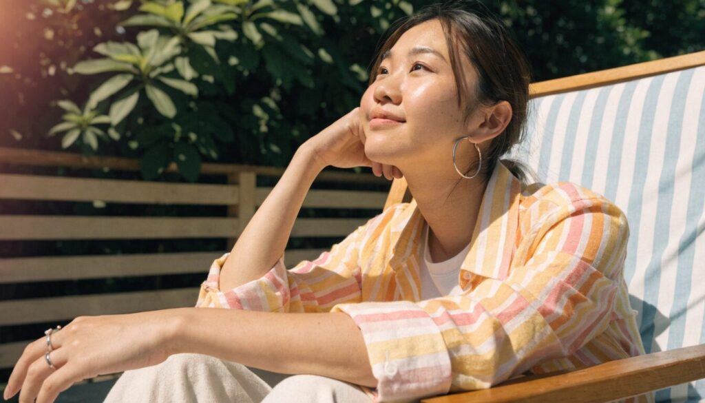 夏の日差しのなかでゆったり過ごす女性