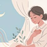 夏の睡眠不足を東洋医学でケア｜夜に深呼吸でリラックスする女性のパステルイラスト