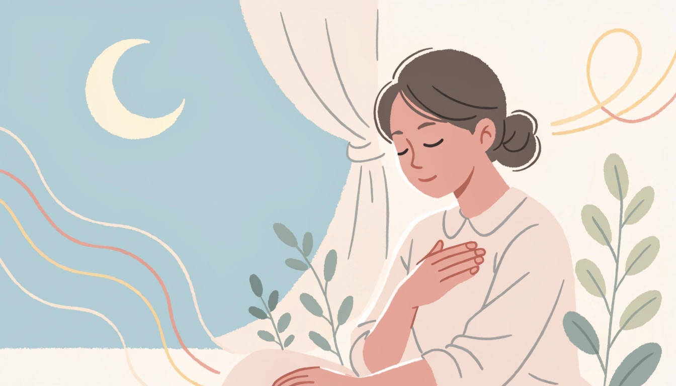 夏の睡眠不足を東洋医学でケア｜夜に深呼吸でリラックスする女性のパステルイラスト