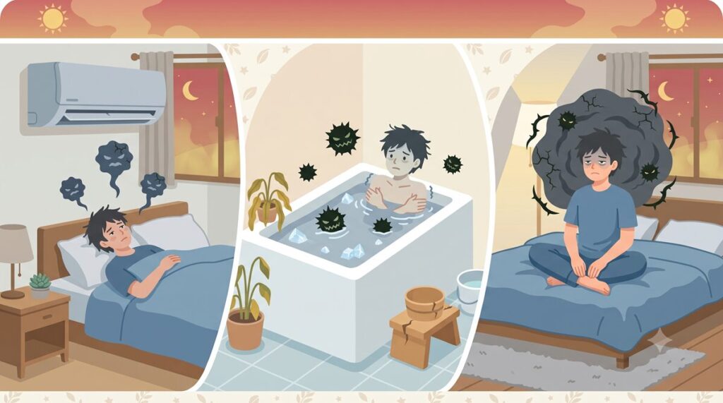 睡眠不足が招く免疫力低下と慢性疲労のリスク：寝苦しい部屋での浅い眠り、夏風邪や体調不良による消耗、そして蓄積した疲労の暗いモヤに包まれる人を描いたイラスト